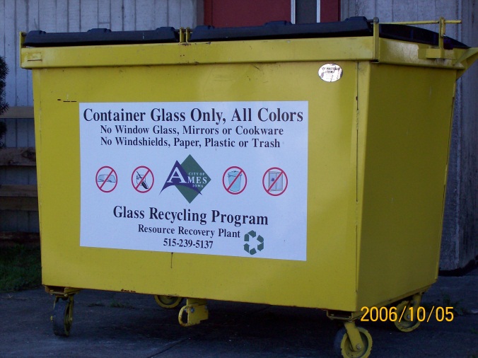 Glass Recycling Bin with sign describing allowable contents